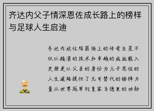 齐达内父子情深恩佐成长路上的榜样与足球人生启迪